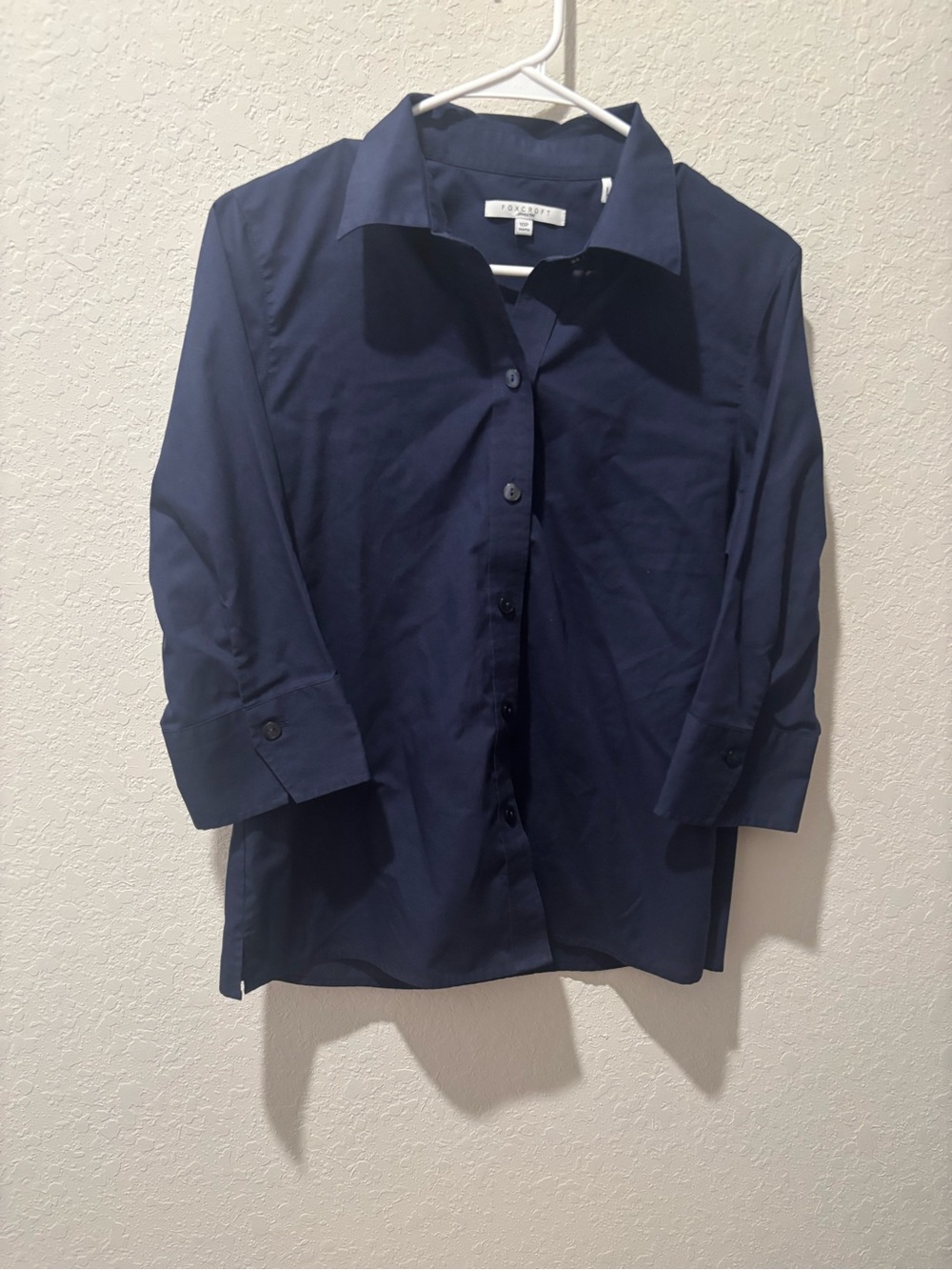 Foxcroft Wrinkle Free Shaped Fit Navy Blue Button Down Shirt 10P Petite